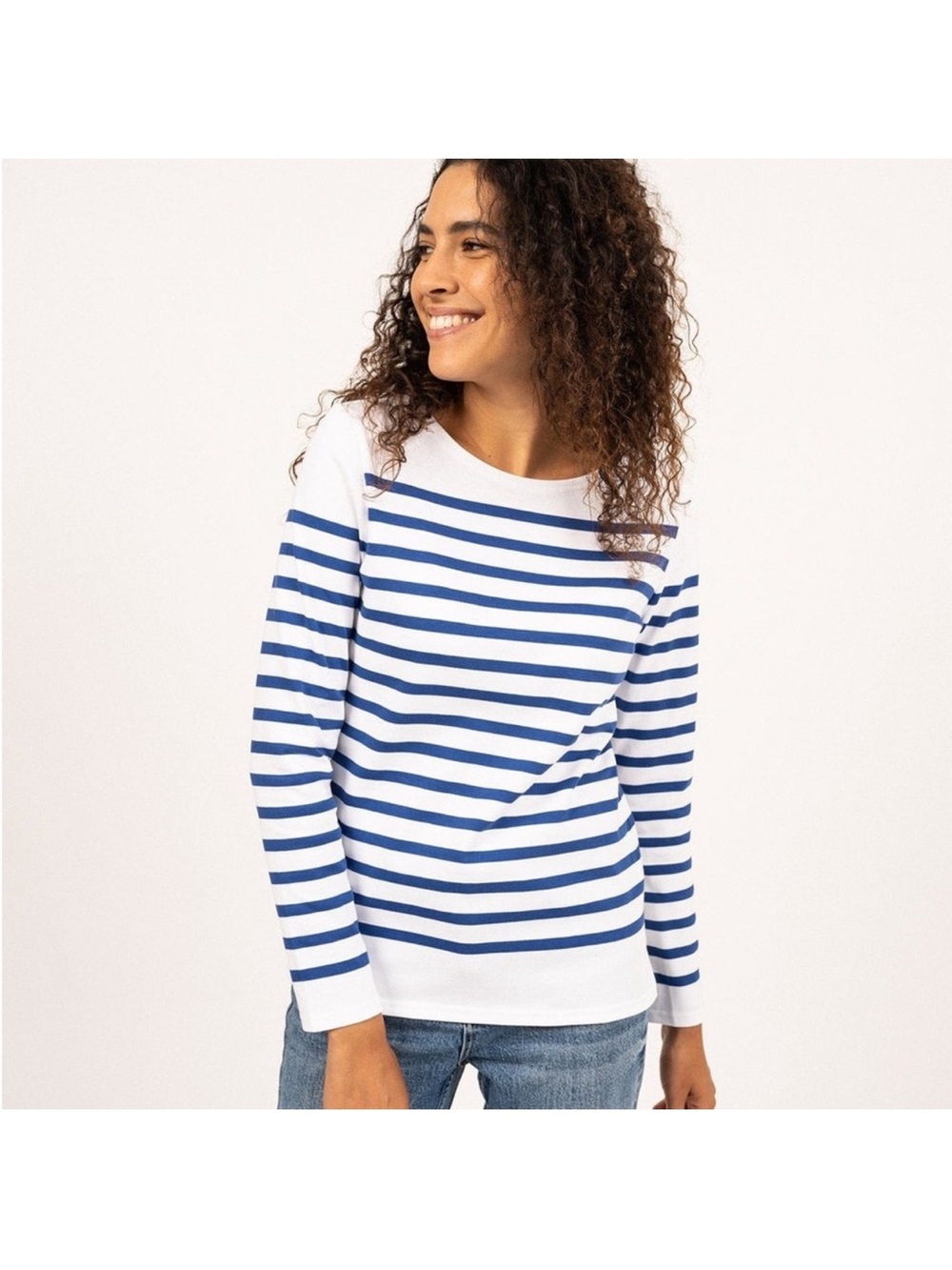 Saint James Breton Naval Femme Striped Long Sleeve Top White Blue Women Sz 32 XS